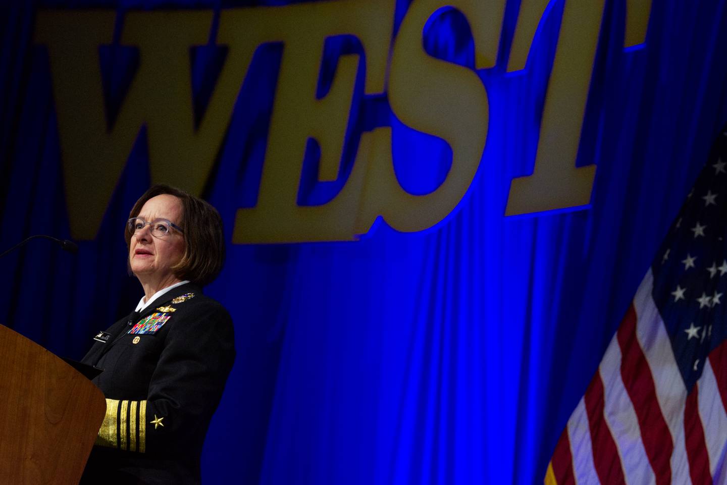 U.S. Chief of Naval Operations Adm. Lisa Franchetti pauses between remarks Feb. 13, 2024, at the West conference in San Diego.