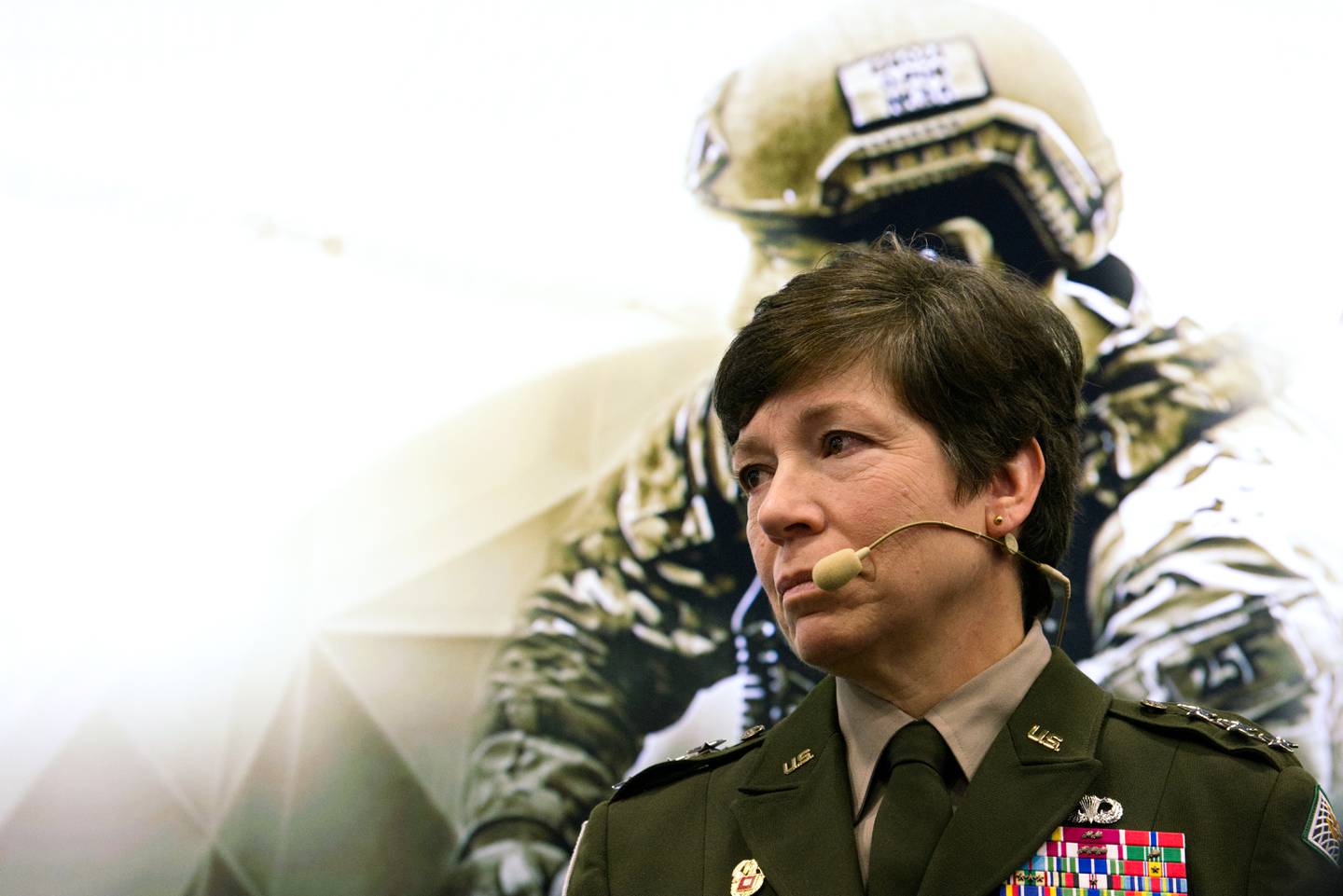 Lt. Gen. Maria Barrett, the leader of U.S. Army Cyber Command, stands Oct. 11 at the Warrior's Corner at the Association of the U.S. Army annual convention in Washington, D.C.