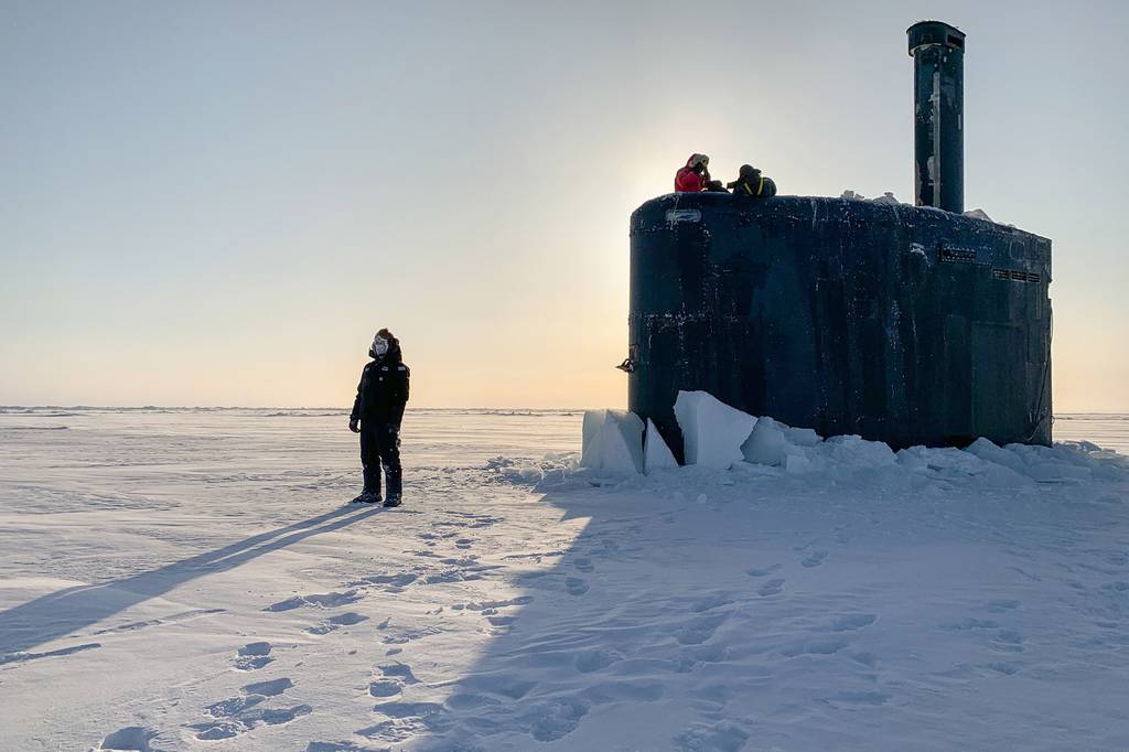 The USS Toledo (SSN-769) arrives at Ice Camp Seadragon on the Arctic Ocean on March 4, 2020, kicking off Ice Exercise (ICEX) 2020.