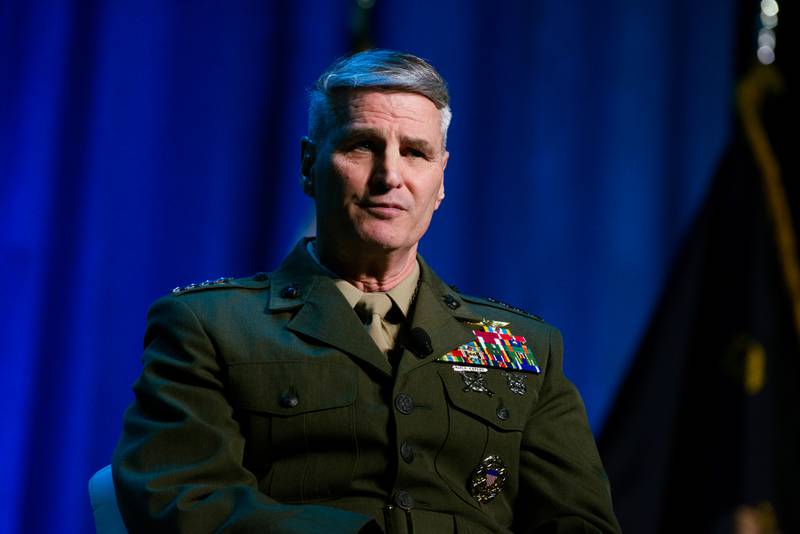 Assistant Commandant of the Marine Corps Gen. Christopher Mahoney takes his seat April 8, 2024, at the Sea-Air-Space conference in Maryland.