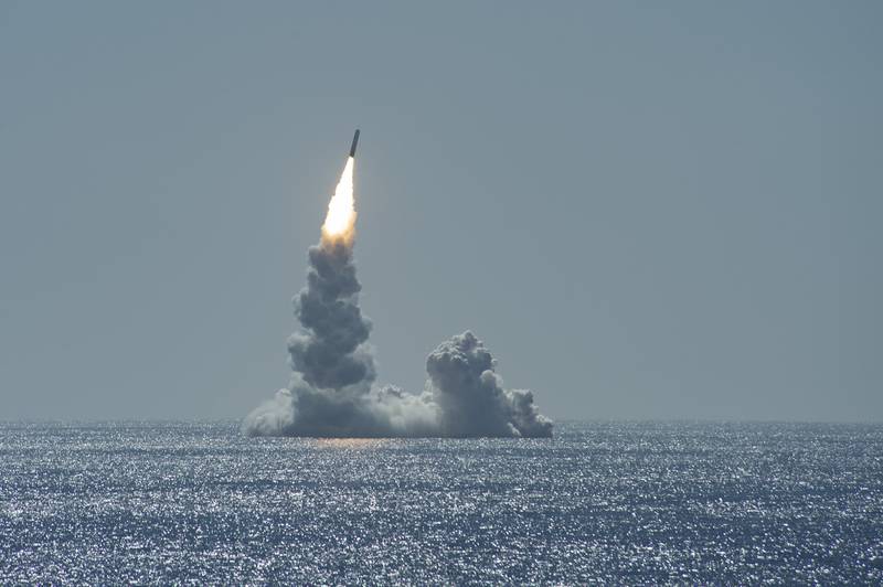 An unarmed Trident II missile launches from Ohio-class ballistic missile submarine USS Maine (SSBN 741) off the coast of San Diego on Feb. 12, 2020
