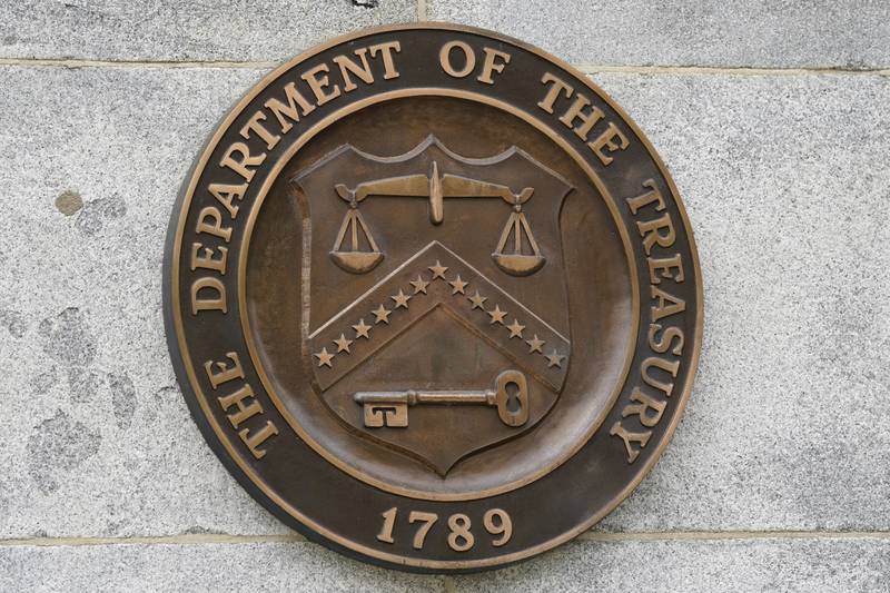 The Department of the Treasury's seal outside the Treasury Department building in Washington on May 4, 2021.