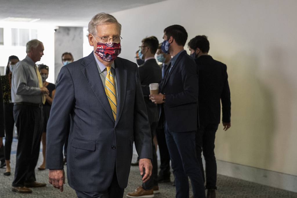 Senate Majority Leader Mitch McConnell, R-Ky., arrives for a GOP policy meeting on Capitol Hill on June 30, 2020.