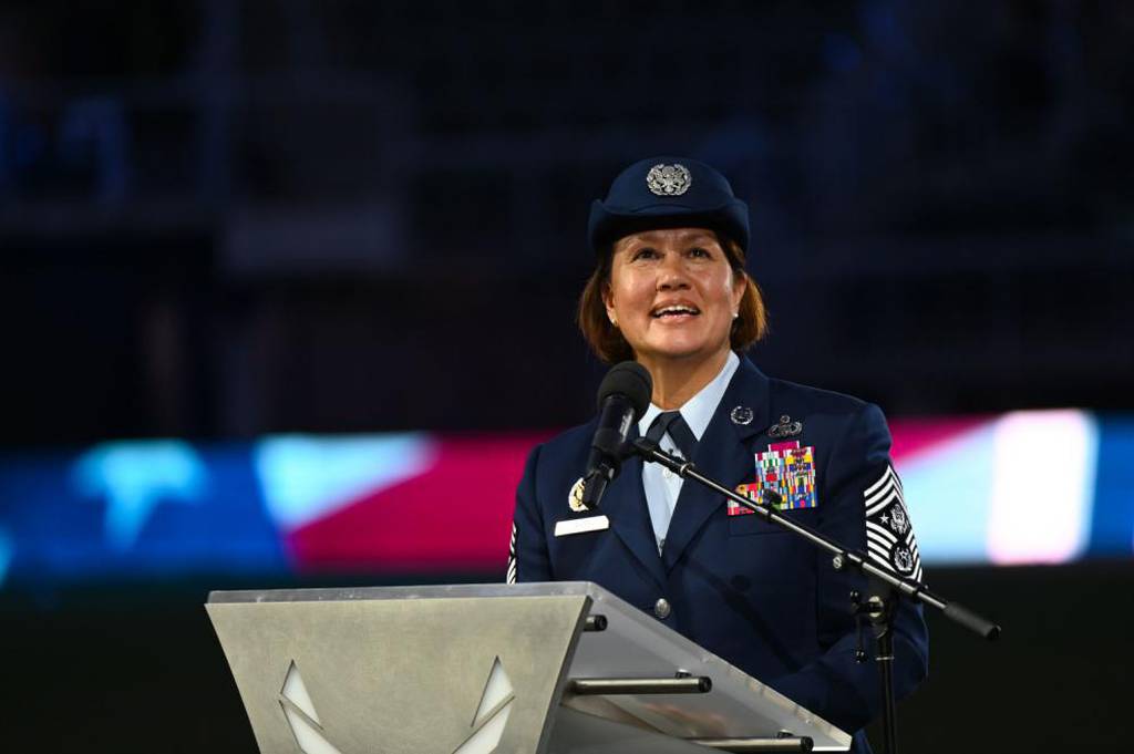Chief Master Sergeant of the Air Force JoAnne S. Bass delivers remarks during the Air Force 75th Anniversary Tattoo Sept. 15, 2022, at Audi Field, Washington, D.C. (Staff Sgt. Nilsa Garcia/Air Force)