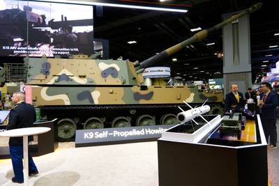 A K9 Self-Propelled Howitzer is seen at the Hanwha booth at the 2023 Association of the U.S. Army convention in Washington, D.C.