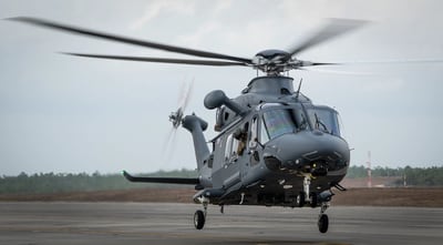 The Air Force’s newest helicopter, the MH-139A Grey Wolf, lifts off from the flight line for its first combined test flight Feb. 11, 2020 at Eglin Air Force Base, Fla. The Grey Wolf is set to replace the Air Force’s aging UH-1N Huey fleet. (Samuel King Jr./Air Force)