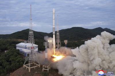 This photo provided by the North Korean government, shows what it says a launch of the newly developed Chollima-1 rocket carrying the Malligyong-1 satellite at the Sohae Satellite Launching Ground, on May 31, 2023.