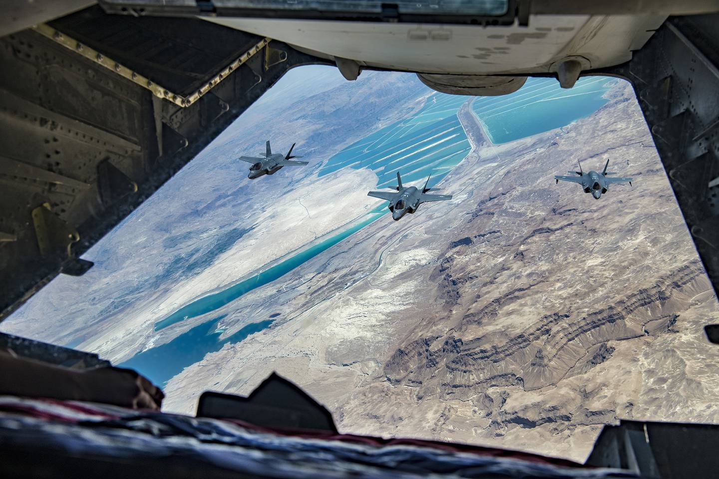 U.S. Air Force F-35A Lightning II and Israeli air force F-35I Lightning II aircraft approach a U.S. Air Force KC-10 Extender to refuel during exercise Enduring Lightning II over southern Israel Aug. 2, 2020.