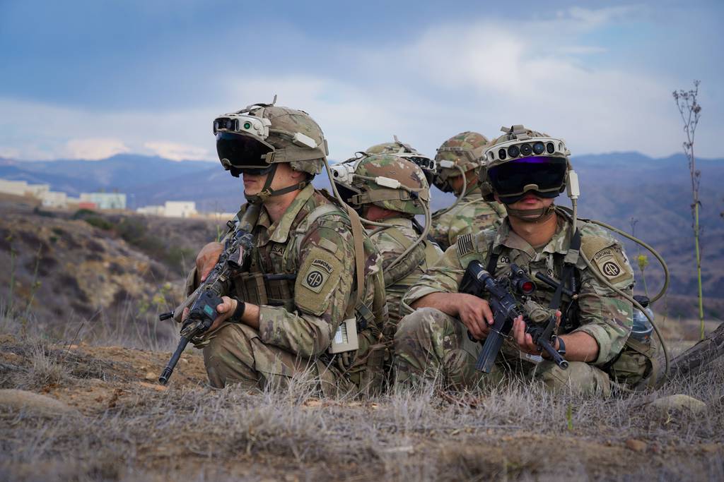 U.S. soldiers, assigned to 82nd Airborne 3rd Brigade Combat Team, train with the Integrated Visual Augmentation System during Project Convergence 2022 at Camp Talega, California.