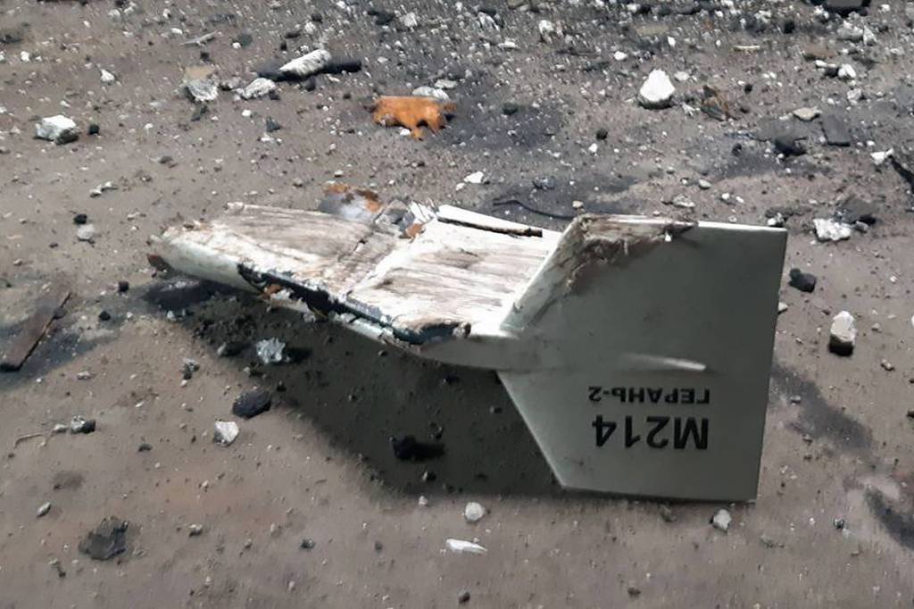 This undated photograph released by the Ukrainian military's Strategic Communications Directorate shows the wreckage of what Kyiv has described as an Iranian Shahed drone downed near Kupiansk, Ukraine.