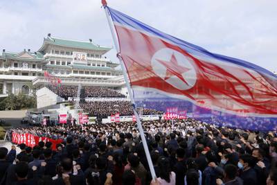 Thousands rally to welcome the 8th Congress of the Workers' Party of Korea at Kim Il Sung Square in Pyongyang, North Korea, Oct. 12, 2020.