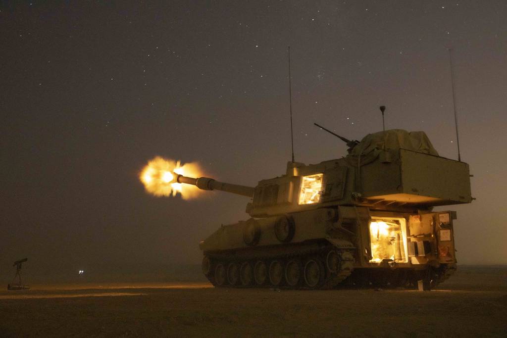U.S. Army soldiers fire a M109A6 Paladin in support of the joint training exercise Eager Lion 19 at Training Area 1, Jordan, Aug. 27, 2019.