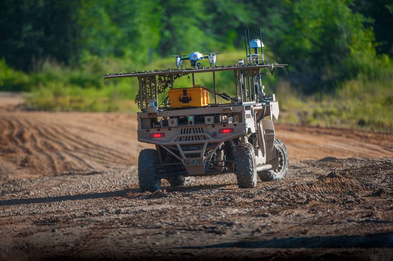 A ground vehicle is seen at Fort Moore, at the time Fort Benning, during a robotics and autonomous systems industry day in August 2018.