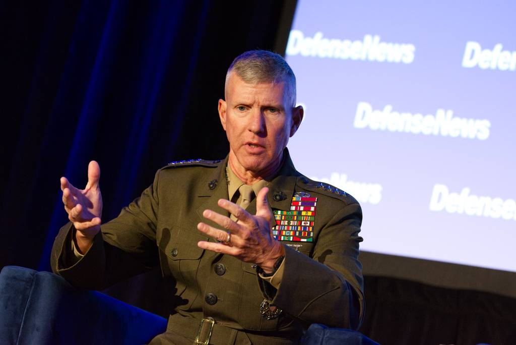 U.S. Marine Corps Gen. Eric Smith gestures as he speaks at the Defense News Conference in Pentagon City on Sept. 6, 2023.