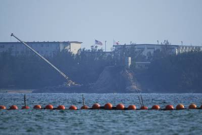 A part of the construction site cordoned off with buoys is seen along the Camp Schwab in the Henoko neighborhood of Nago, northeast of Okinawa, southern Japan, on Sept. 4, 2023.