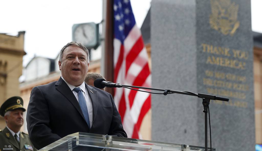 U.S. Secretary of State Mike Pompeo delivers a speech during a ceremony at the General Patton memorial in Pilsen near Prague, Czech Republic, Tuesday, Aug. 11, 2020.