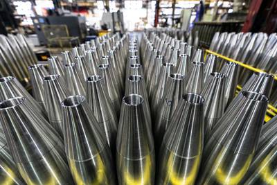 155mm M795 artillery projectiles are stored during manufacturing process at the Scranton Army Ammunition Plant in Scranton, Pa., Thursday, April 13, 2023.