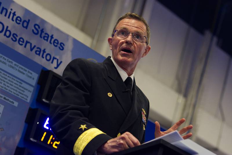U.S. Navy Rear Adm. Ron Piret, the Naval Meteorology and Oceanography Command boss, speaks at the IW Pavilion at the Sea-Air-Space defense conference in April 2024.