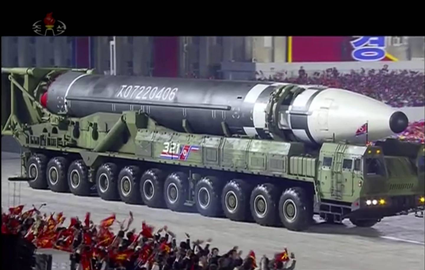 This image made from video broadcast by North Korea's KRT, shows a military parade with what appears to be possible new intercontinental ballistic missile at the Kim Il Sung Square in Pyongyang, Oct. 10, 2020.