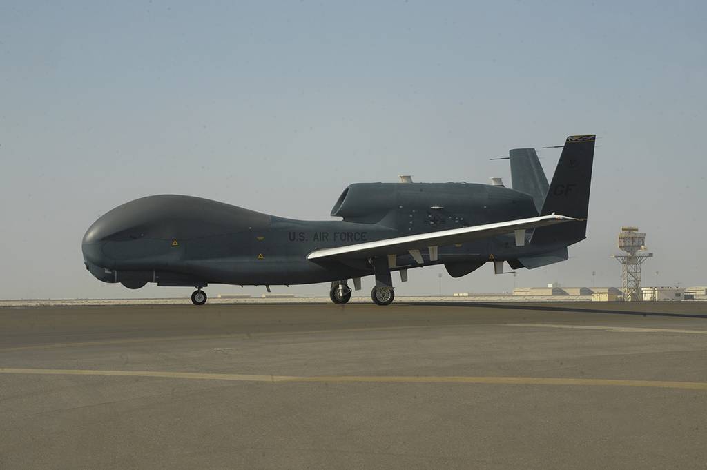 an RQ-4 Global Hawk is seen on the tarmac of Al-Dhafra Air Base near Abu Dhabi, United Arab Emirates.