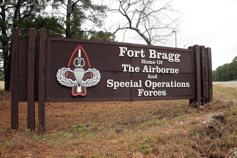 This Jan. 4, 2020, file photo shows a sign for at Fort Bragg, N.C.