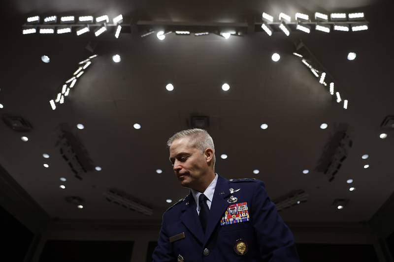 U.S. Air Force Lt. Gen. Timothy Haugh prepares to testify before the Senate Armed Services Committee on July 20, 2023, in Washington, D.C.