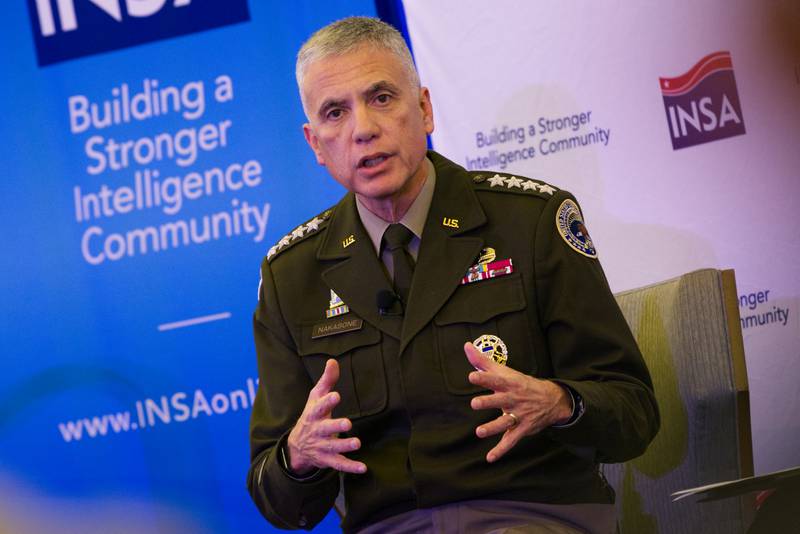 U.S. Army Gen. Paul Nakasone, leader of Cyber Command, speaks Dec. 8, 2023, at  an Intelligence and National Security Alliance event in Arlington, Virginia.