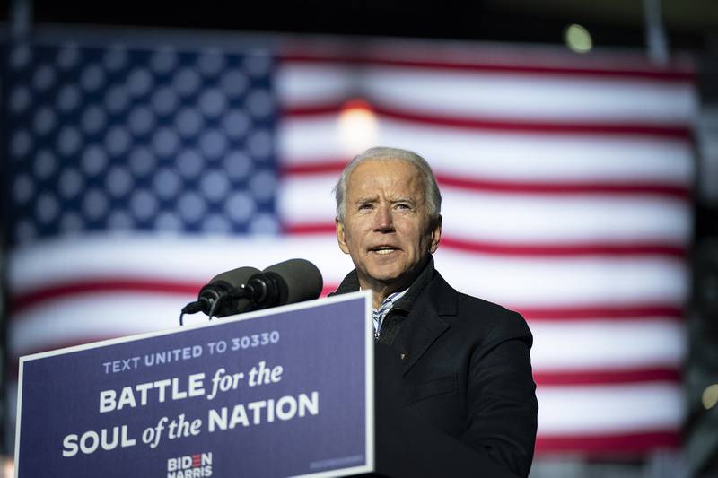 Democratic presidential nominee Joe Biden speaks during a drive-in campaign rally at Heinz Field on Nov. 02, 2020, in Pittsburgh, Pa.