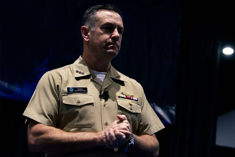 U.S. Navy Vice Adm. Craig Clapperton, the leader of U.S. Fleet Cyber Command, listens to a question at the West conference in San Diego on Feb. 13, 2024.