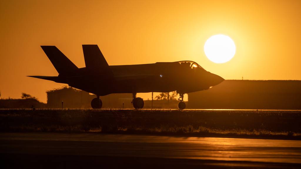 An F-35A taxis in front of the setting sun prior to take off from Hill Air Force Base, Utah, the evening of Aug. 20, 2019.