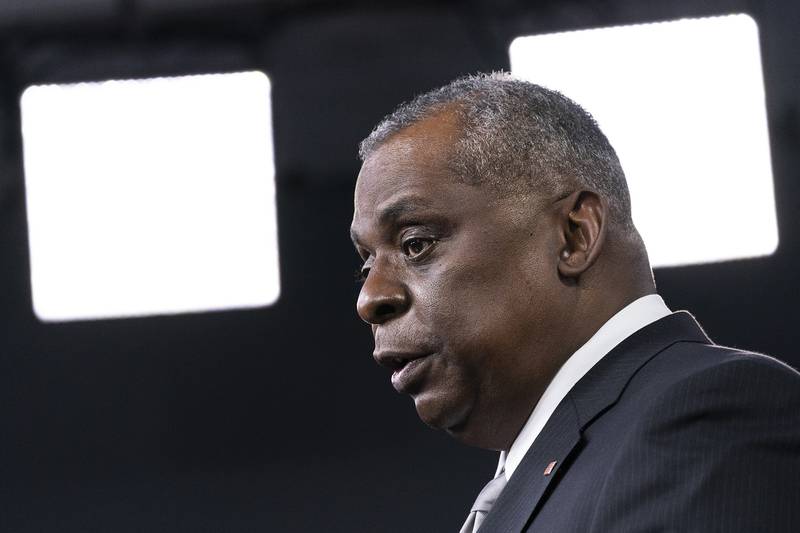 In this Feb. 19, 2021, file photo, Secretary of Defense Lloyd Austin speaks during a media briefing at the Pentagon, in Washington.
