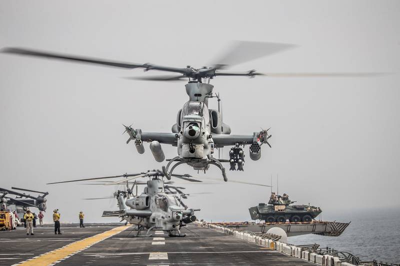 An AH-1Z Viper helicopter takes off Aug. 12, 2019, during a Strait of Hormuz transit aboard the amphibious assault ship USS Boxer (LHD 4).