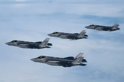 U.S. Air Force and Royal Netherlands Air Force F-35A Lightning II aircraft, conduct a bilateral air-to-air training exercise over the Netherlands, Feb. 22, 2022. The U.S. and its allies are bound by shared principles of democracy, national sovereignty and commitment to Article 5 of the North Atlantic Treaty, vital to ensuring a strong and free Europe. (Tech. Sgt. Rachel Maxwell/Air Force)