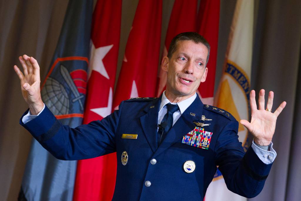 U.S. Air Force Lt. Gen. Robert Skinner, the leader of the Defense Information Systems Agency, gestures as he speaks Aug. 16, 2023, at the AFCEA TechNet Augusta conference in Georgia.