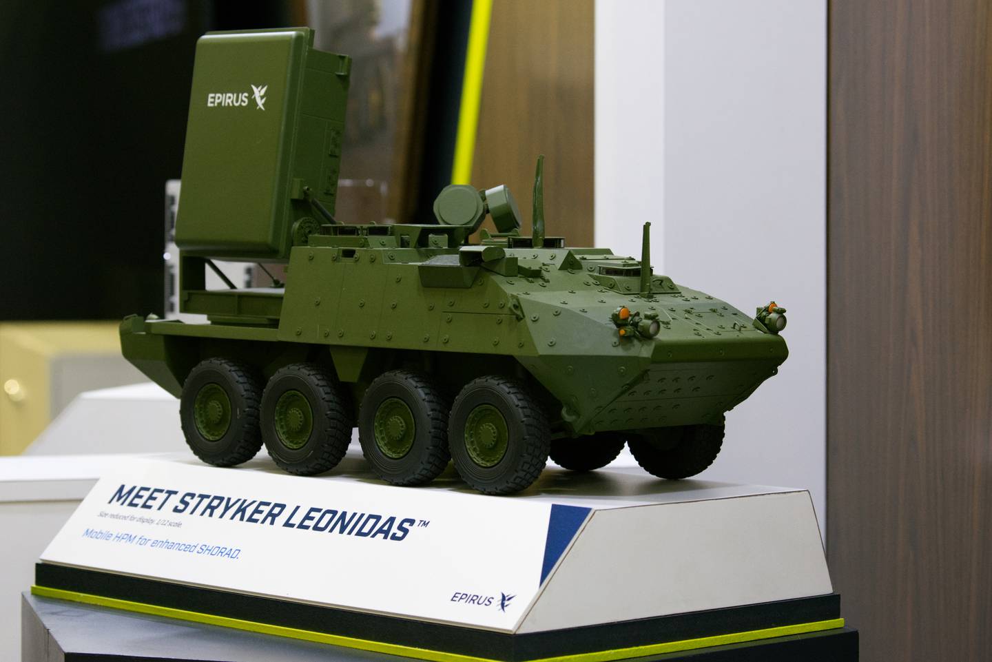 A model of a Stryker Leonidas directed-energy system is displayed at the Epirus booth at the Air, Space and Cyber Conference in National Harbor, Maryland.