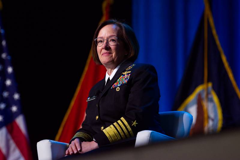 Chief of Naval Operations Adm. Lisa Franchetti scans the crowd April 8, 2024, at the Sea-Air-Space naval conference in Maryland.