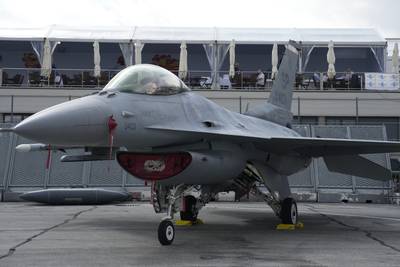 A U.S. Air Force F-16 fighter jet is on display during the Paris Air Show in Le Bourget, north of Paris, France, Monday, June 19, 2023.