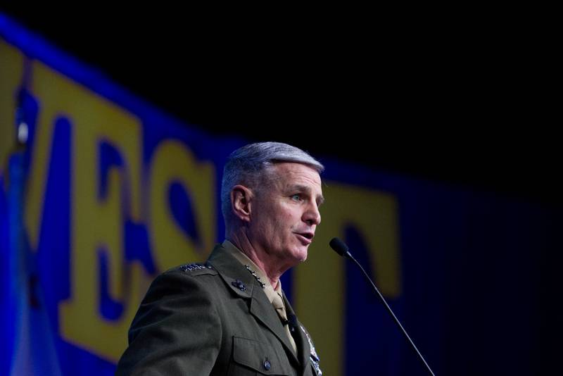 Gen. Christopher Mahoney, the U.S. Marine Corps assistant commandant, answers an audience question Feb. 15, 2024, at the West naval conference in San Diego.