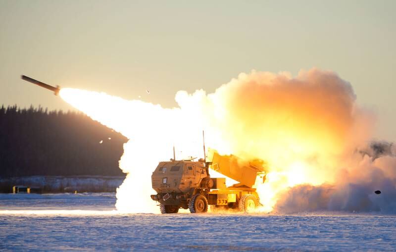 A U.S. Army M142 High Mobility Artillery Rocket Systems (HIMARS) launches ordnance during RED FLAG-Alaska 21-1 at Fort Greely, Alaska, Oct. 22, 2020.