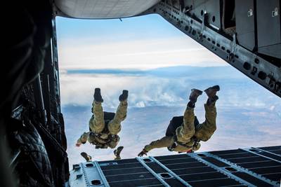 U.S. and Australian special operations forces conduct a high-altitude low-opening parachute jump from a Royal Australian Air Force C-27J Spartan on July 17, 2019, during Talisman Sabre in Queensland, Australia.
