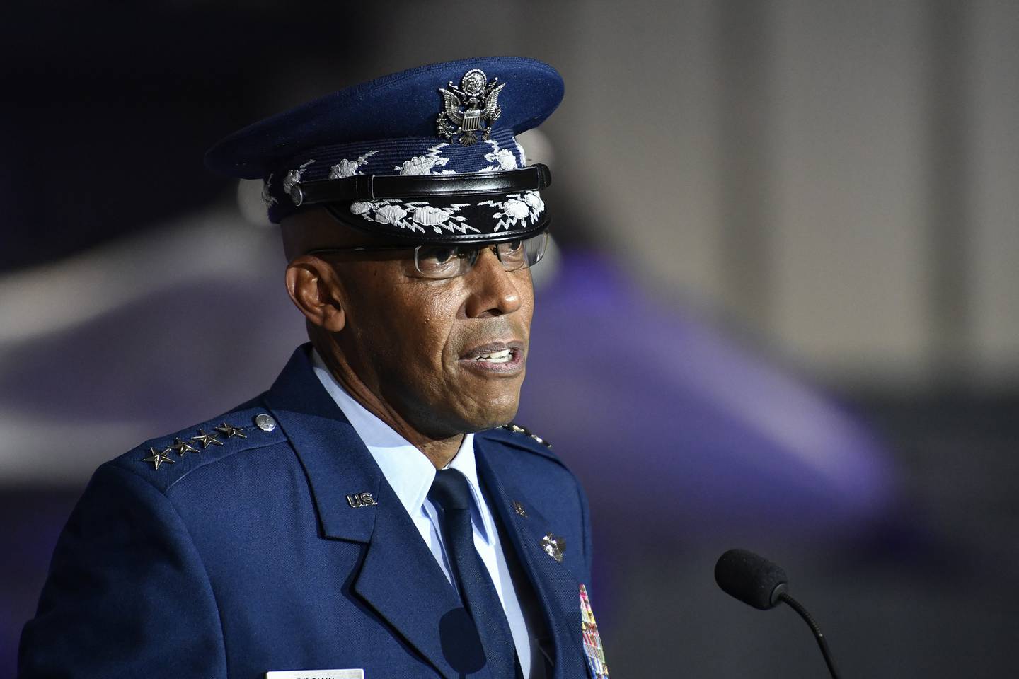 Air Force Chief of Staff Gen. CQ Brown delivers remarks during a transition ceremony at Joint Base Andrews, Md., in 2020. (Eric Dietrich/U.S. Air Force)