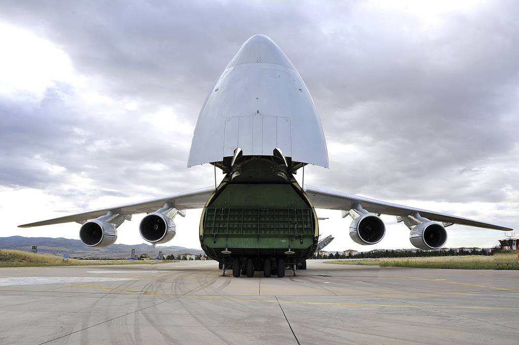 A Russian transport aircraft, carrying military vehicles and equipment, parts of the S-400 air defense systems, is seen at Murted military airport in Ankara, Turkey, Friday, July 12, 2019.