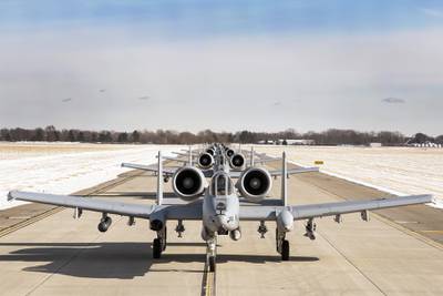 A-10 Thunderbolt II aircraft perform an Elephant Walk on Selfridge runway