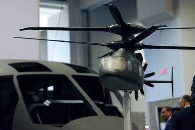A model of the Sikorsky-Boeing Defiant X is seen at the Association of the U.S. Army annual convention on Oct. 11, 2022, in Washington, D.C.
