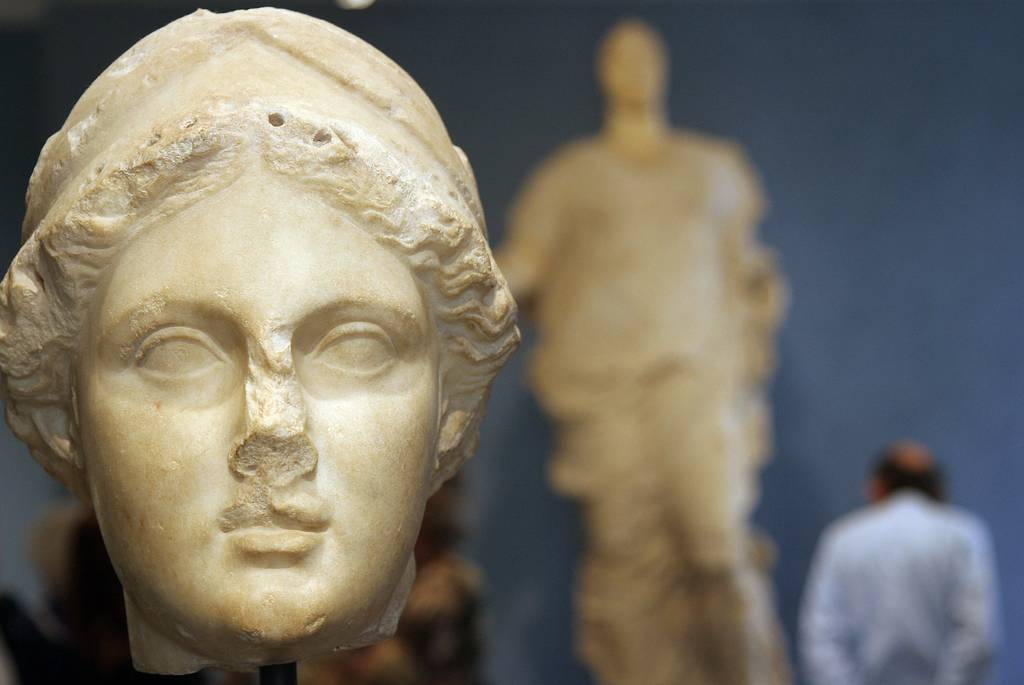 A Greek marble statue of the head of Athena, made in Asia Minor, present-day Turkey, is seen at the Getty Villa Museum in Malibu, California, in October 2006.