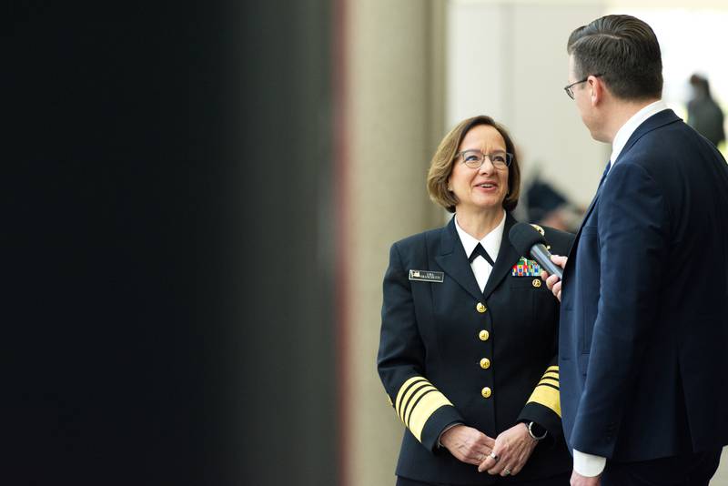 U.S. Chief of Naval Operations Adm. Lisa Franchetti speaks with an interviewer Feb. 13, 2024, on the sidelines of the West conference in San Diego.