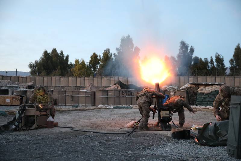 Soldiers fire mortars to support operations in Laghman province, Afghanistan, in March 2019.