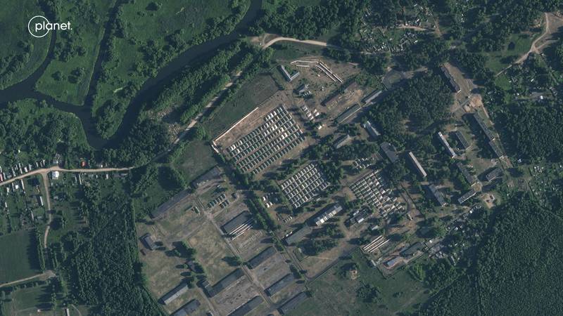 This satellite image provided by Planet Labs PBC and taken on Friday, June 30, 2023, shows apparent recent construction of tents at a former military base outside the Belarusian town of Osipovichi.