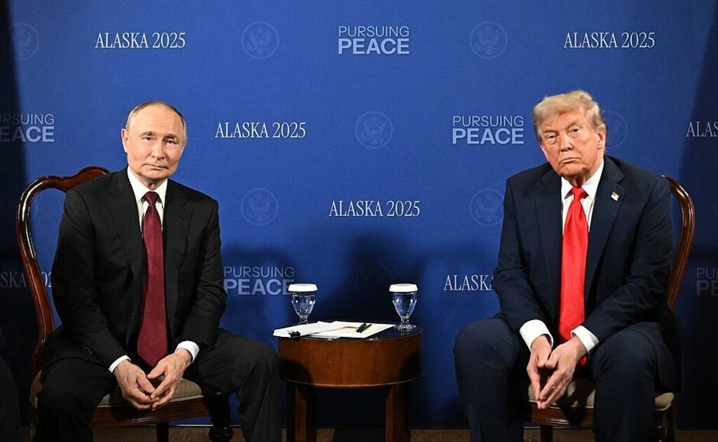 U.S. President Donald Trump and his Russian counterpart, Vladimir Putin, begin talks in Alaska aimed at bringing an end to the Kremlin's over‑three‑year war on Ukraine in Anchorage, Alaska, on Aug. 15, 2025. (Kremlin Press Office/Anadolu via Getty Images)
