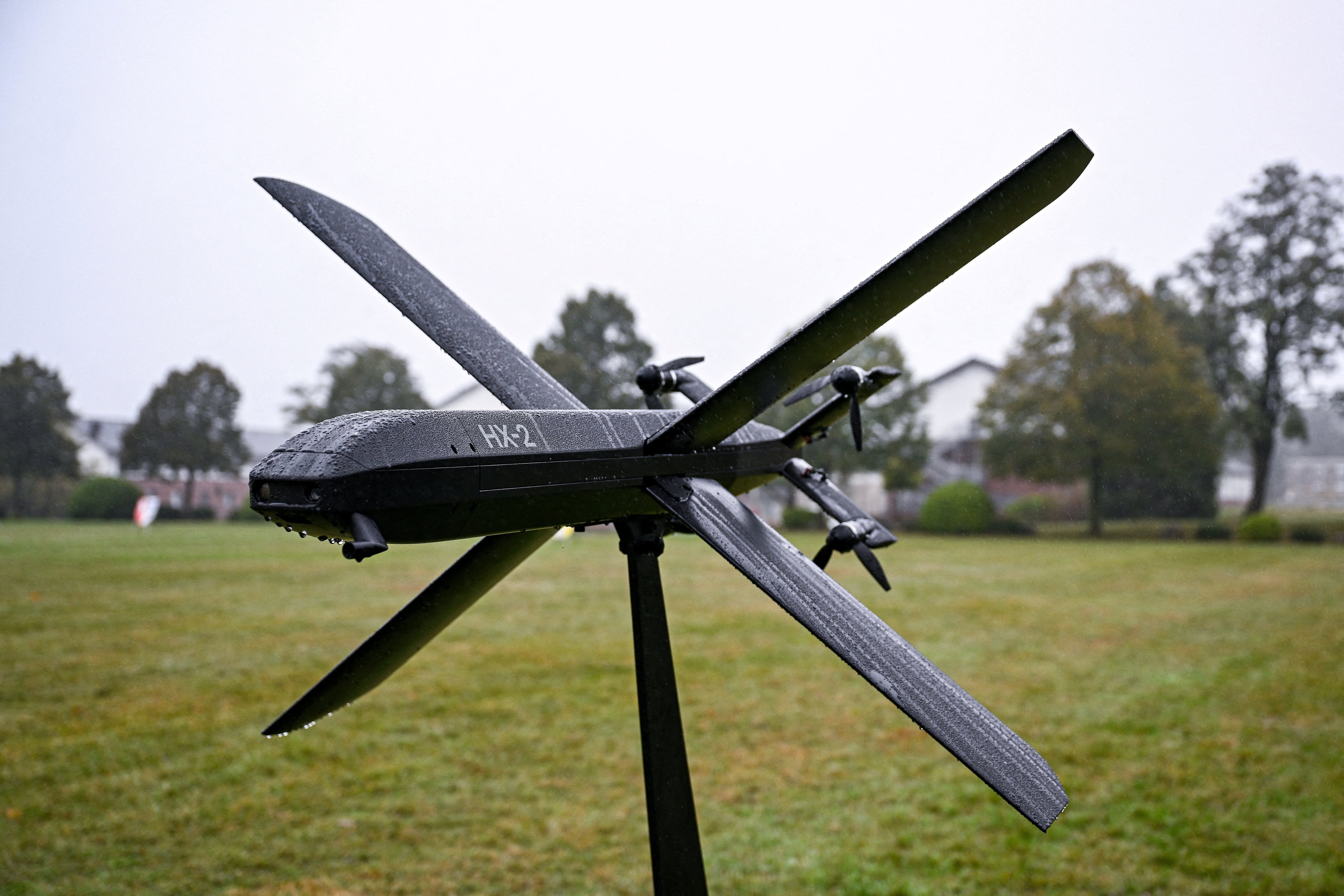 A Helsing loitering munition system is displayed in Augustdorf, Germany, October 7, 2025. (Teresa Kroeger/Reuters)